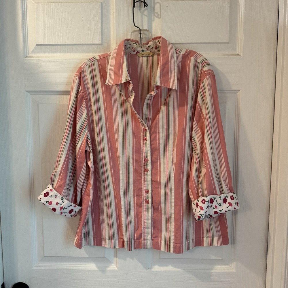 Bechamel Woman Pink White Striped Floral Flip Cuff Button Up Shirt Size XL